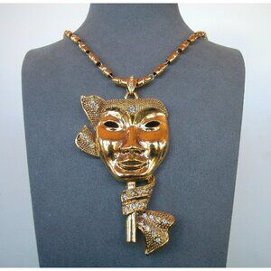 Gold-Tone Mardi Gras Mask Pendant Necklace 36" Unique Chain Design